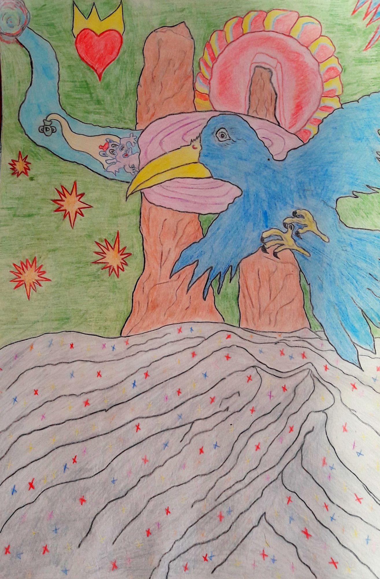 In the flight of the blue raven, three suns in a triangle, two towers peaks at the bottom of the cloud on the right, a genie flies out of th...