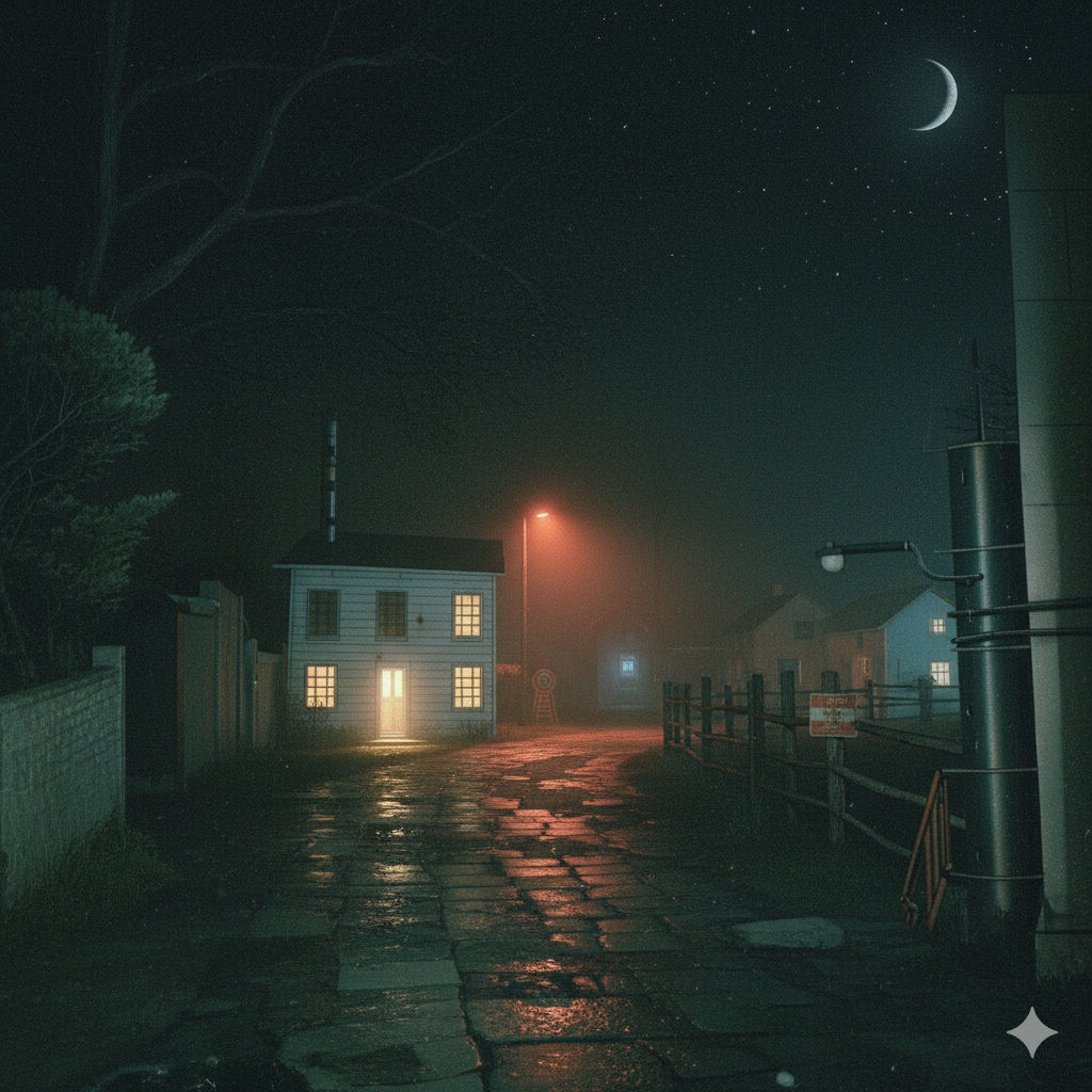 A cloudy, deserted neighborhood, it's an street in a open field, On the street a row of houses standing out on the right side behind a fence