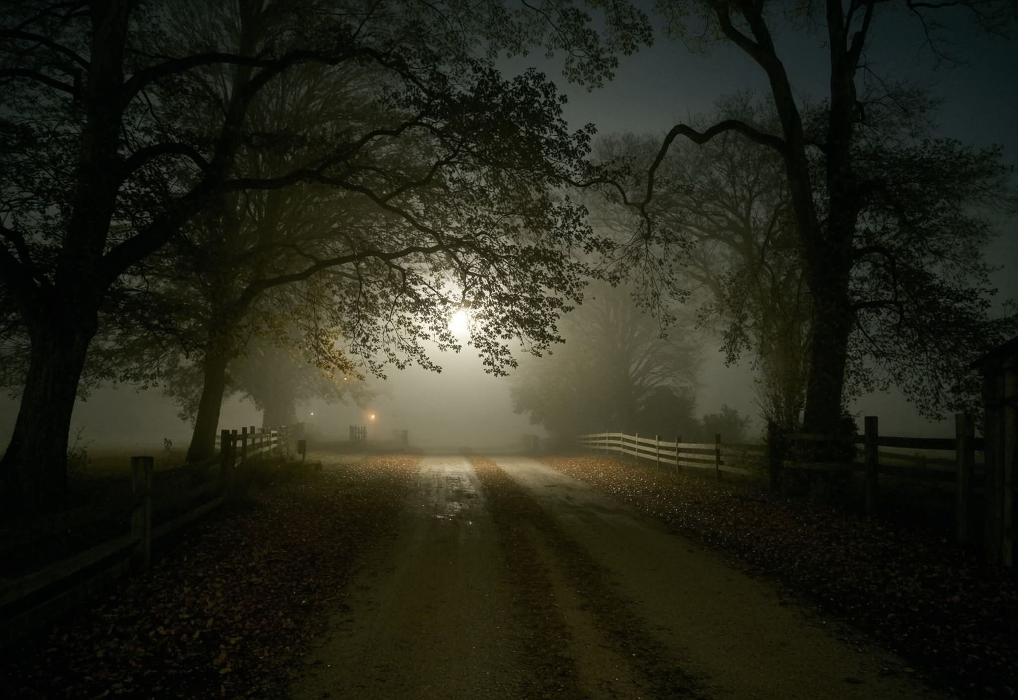 A cloudy, deserted neighborhood, it's an street in a open field, On the street a row of houses standing out on the right side behind a fence