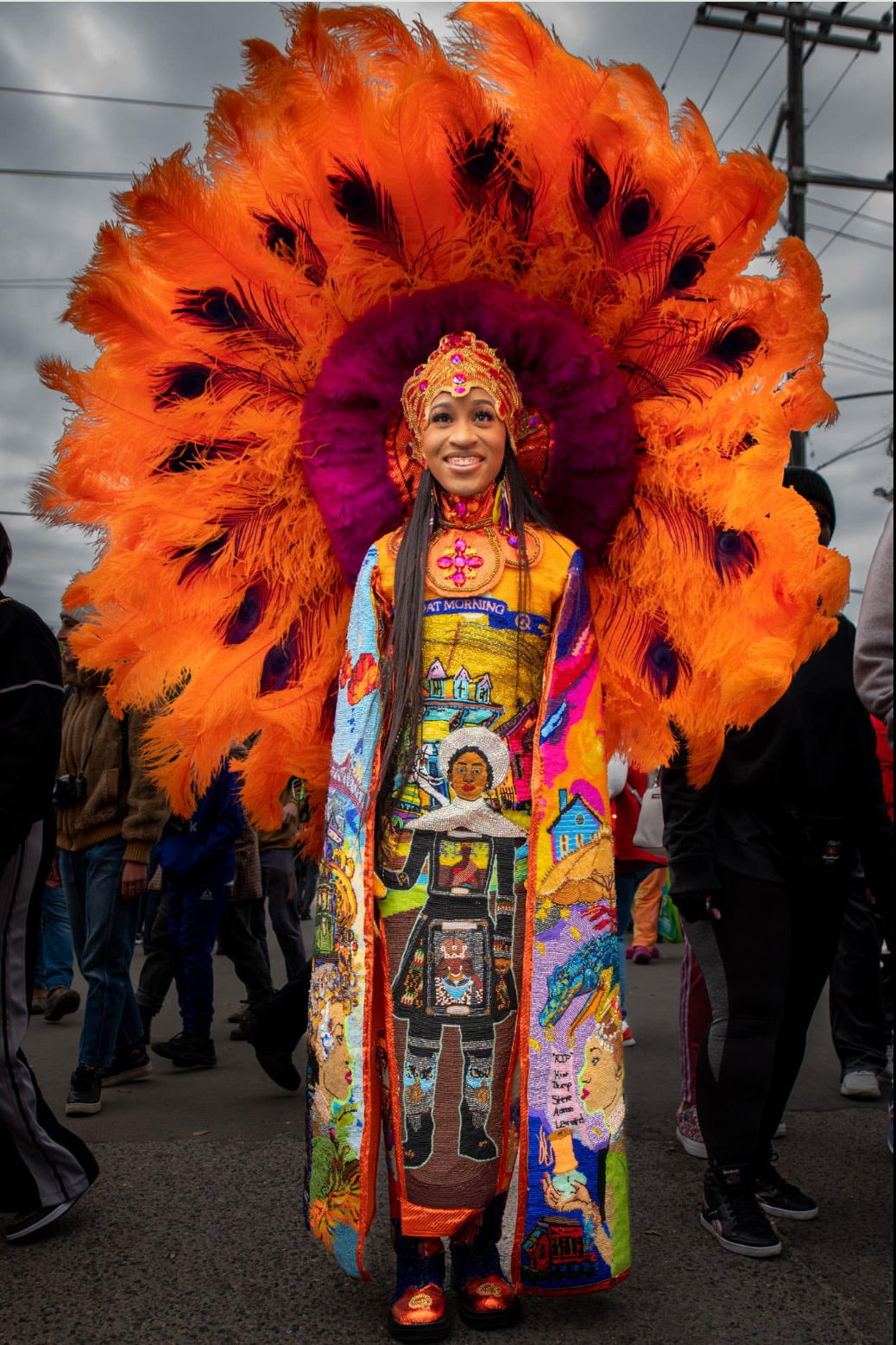 a fat, chubby little black adolescent girl dressed in a New Orleans Mardi Gras Indian parade outfit eating a Kingcake. graffiti art, splash...