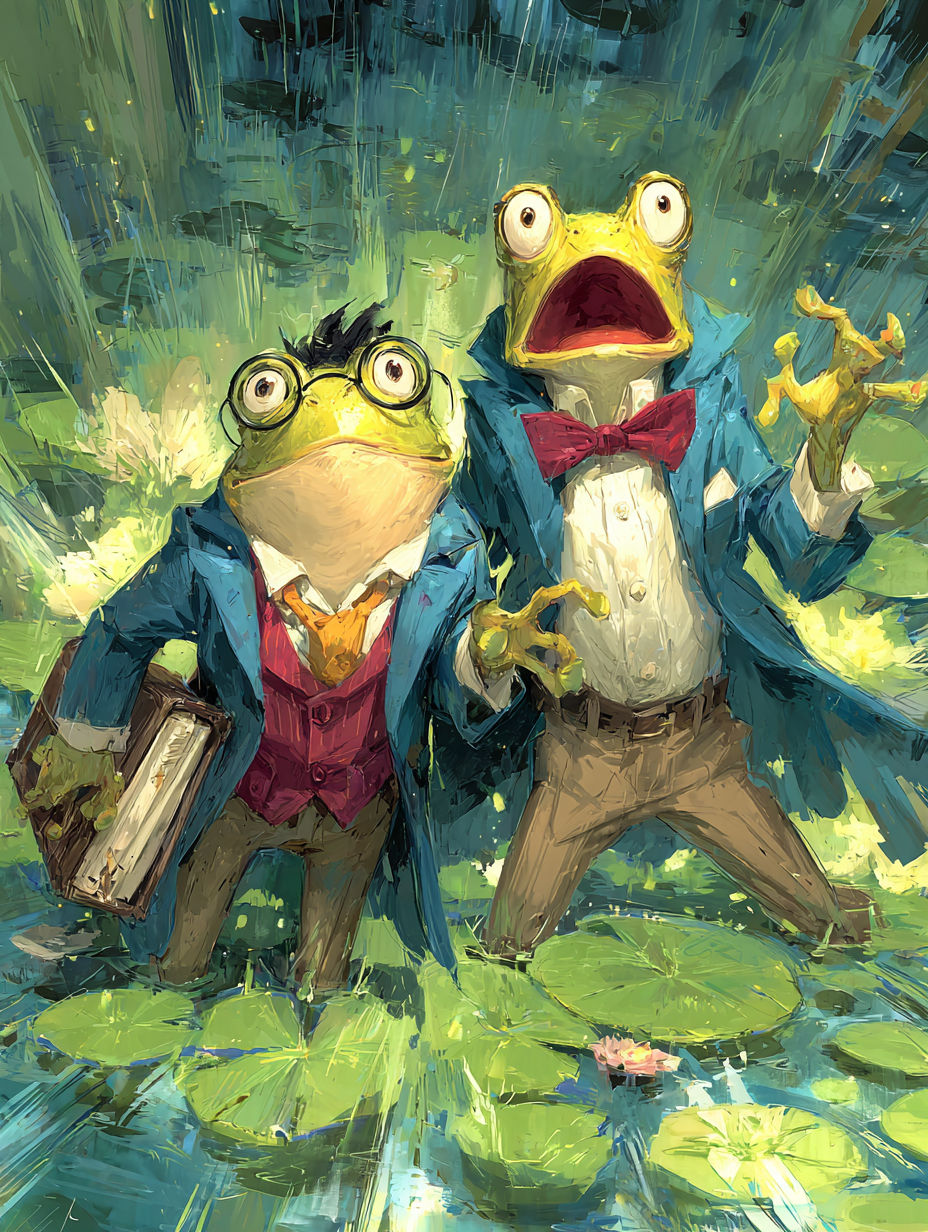 In a misty, moonlit swamp, two frogs meet on a lily pad. One is impeccably dressed in a tiny, tailored suit with a silk cravat, radiating el...