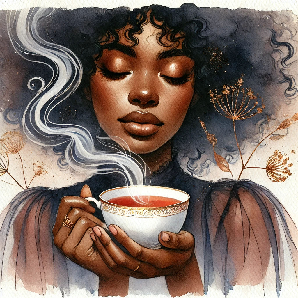 Watercolor illustration, close-up of a Black woman with natural curls cradling a teacup, translucent washes, soft edges, warm umber + indigo...