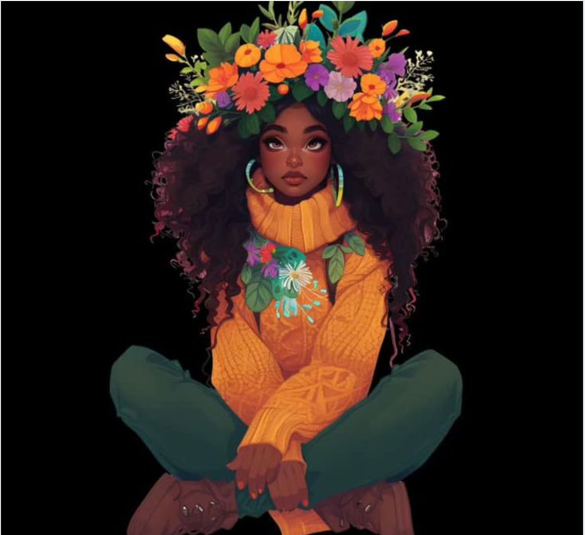 A digital illustration of an African American woman with long, curly hair adorned in vibrant flowers on her head and wearing green pants and...