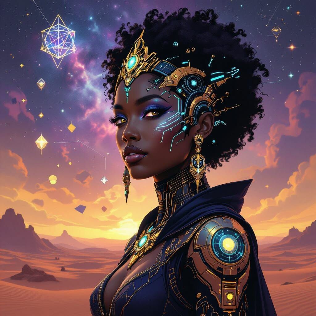 A regal Afrofuturist queen with intricate bioluminescent markings and cybernetic enhancements, standing against a backdr...