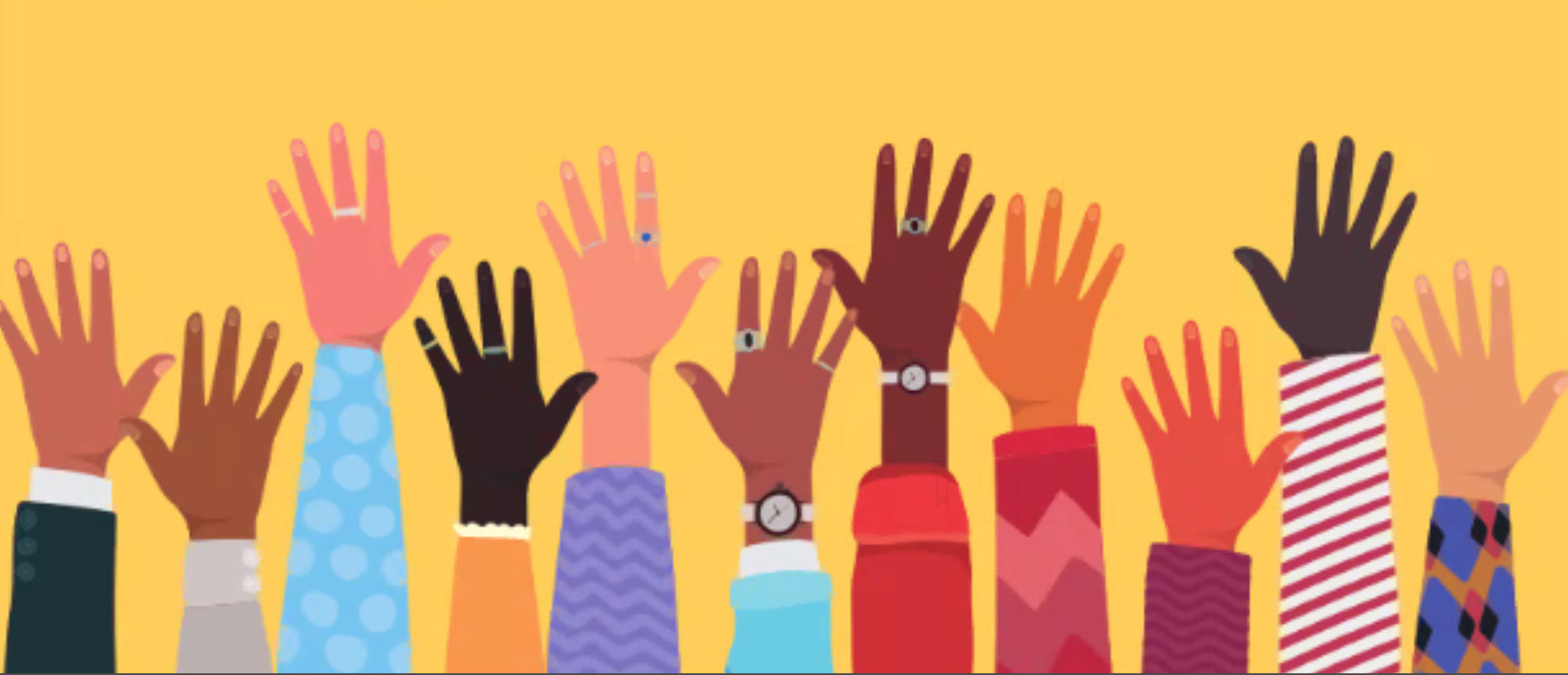 Flat vector illustration of many raised hands in the air, diverse skin tones and genders, playful patterned sleeves (polka dots, zigzags, st...