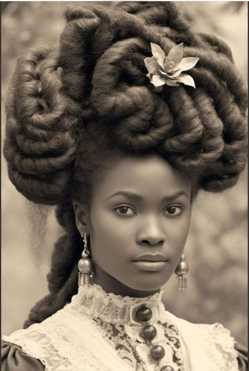 An old photograph depicts a beautiful Black woman with voluminous braided hair, in the style of Elizabeth Catlett, a vintage-style portrait,...