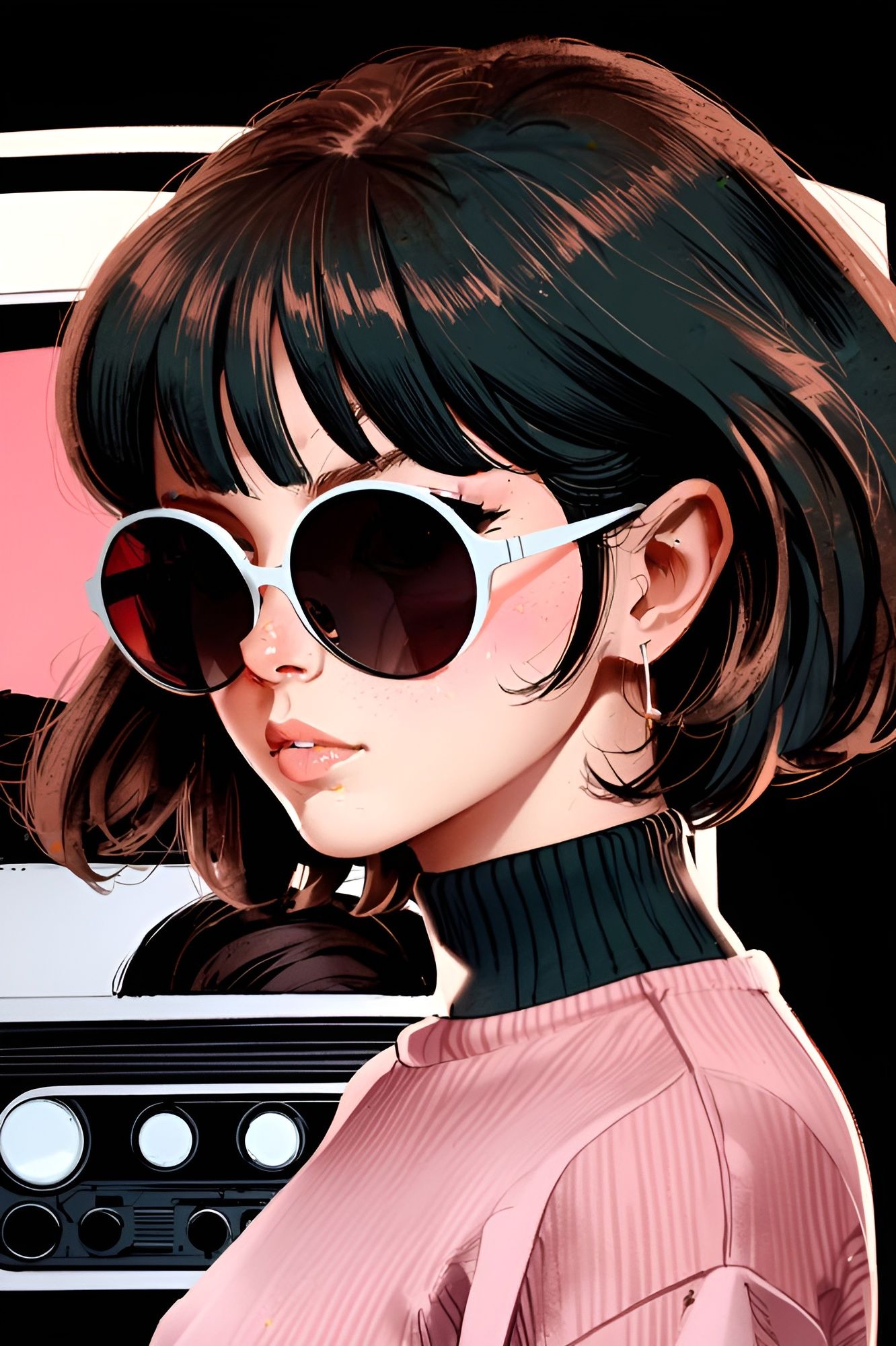 Visual Elements:

Central Figure: The woman has a short bob haircut with dark, glossy hair that frames her face. She wears large, round whit...