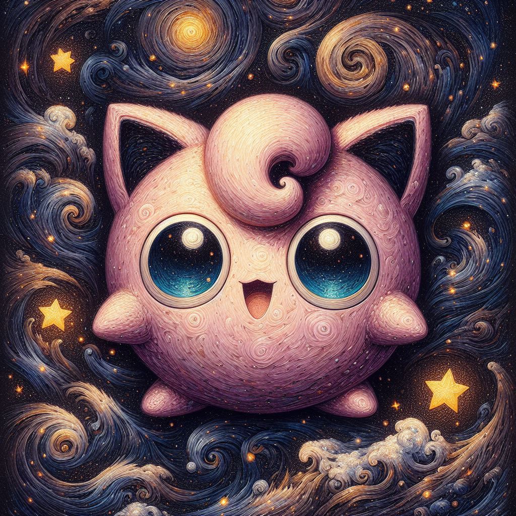 an adorable chibi jigglypuff pokemon, dark starry night, gorgeous eyes, fantasy illustration, textured with large visible brush strokes, hy...