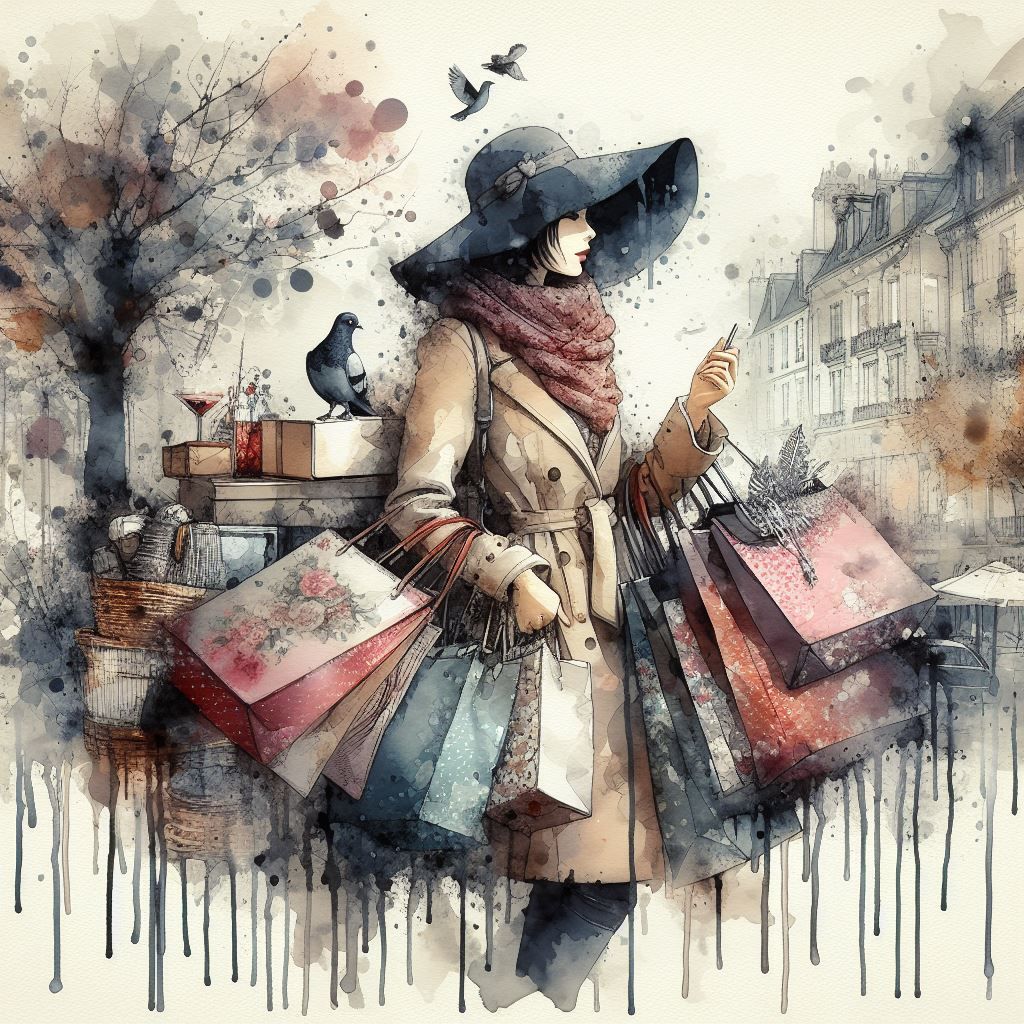 incredible spotted dripping watercolour art of a french girl shopping carrying lots of vintage bags and boxes, soft mist by Sabbas Apterus