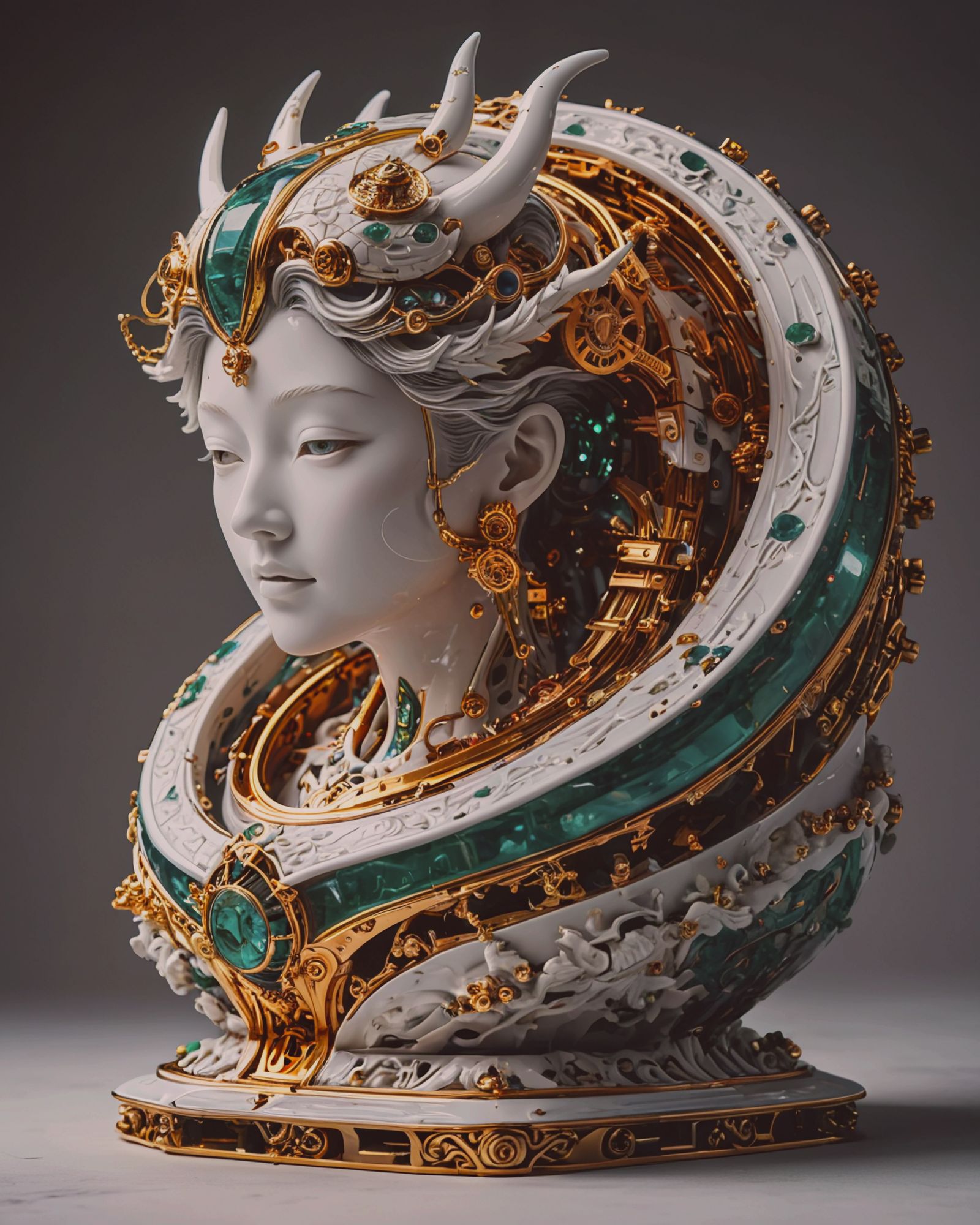 A stunning woman adorned in intricately crafted porcelain and glass armor, a harmonious blend of strength and elegance, exuding a captivatin...