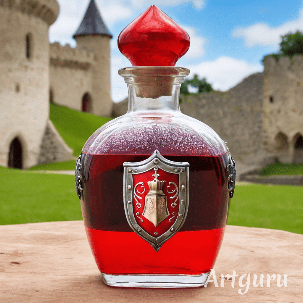 potion bottle in the style of medieval. the liquid inside is fluorescent red and there is a knights helmet on the outside. the bottle is mad...