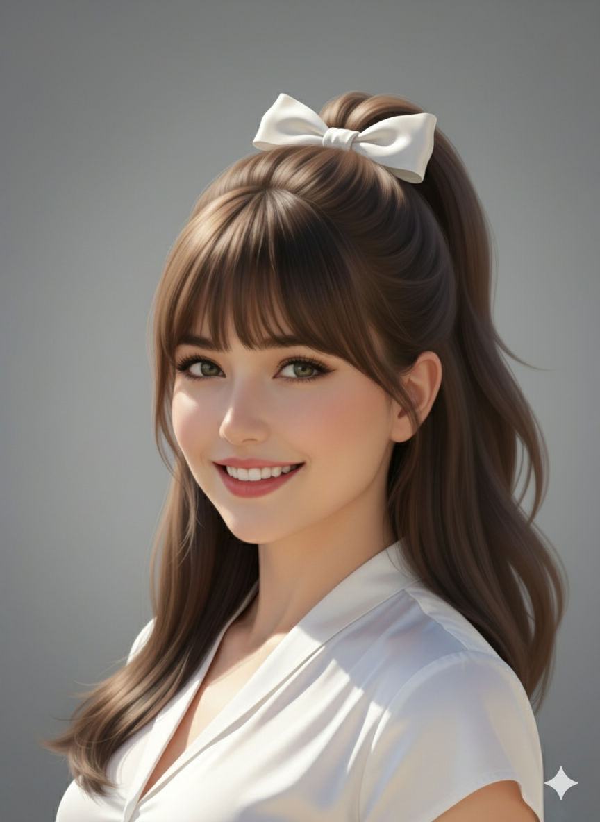 A photorealistic image of this young woman standing indoors in front of large floor-to-ceiling windows overlooking a modern city skyline. Sh...