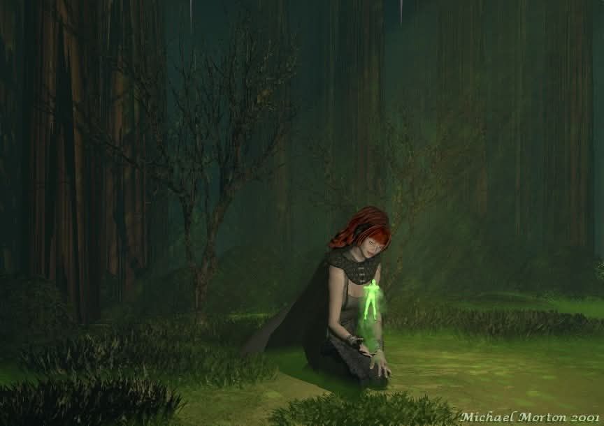 A Wiccan witch kneeling in an enchanted forest speaking to a forest fae