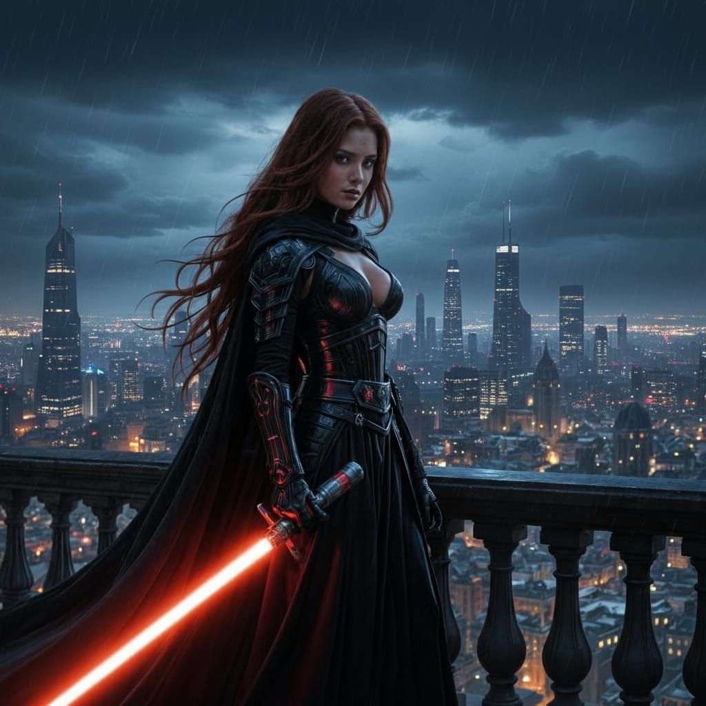 Walking slowly along her balcony, watching the storm and lightning flash and rain falls among the towering spires of the city. She approache...