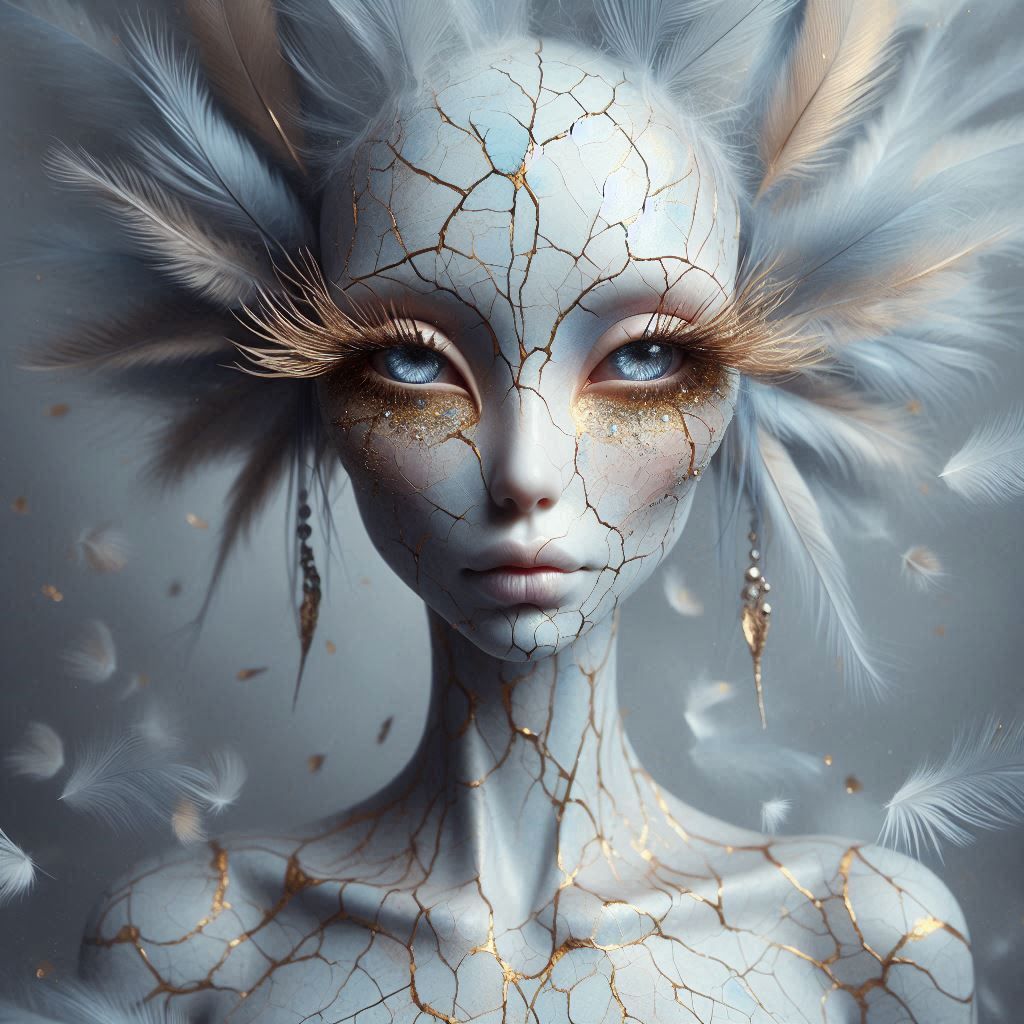  A ethereal creature with cracked pale blue skin repaired with golden stitching