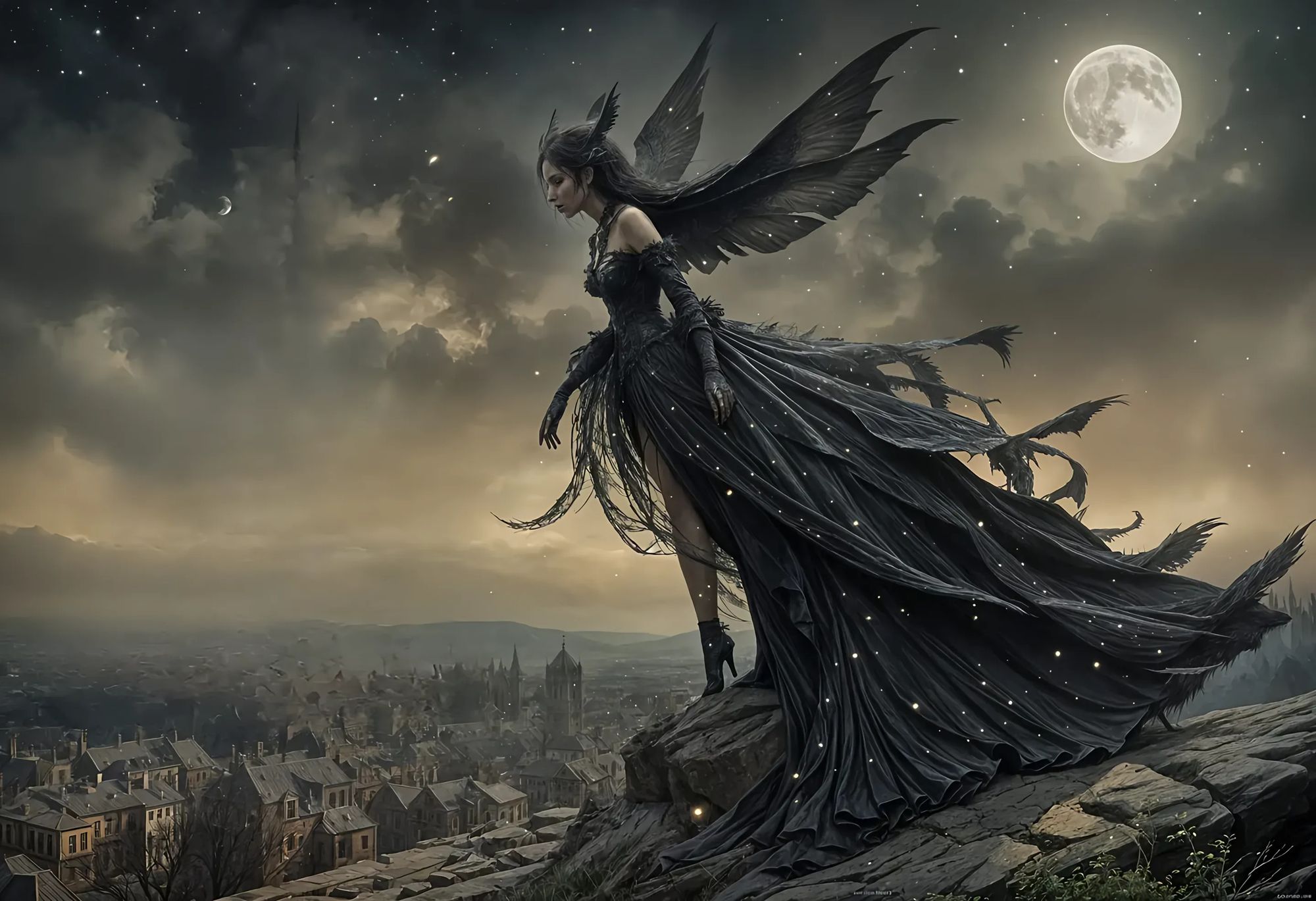A dark fairy with intricate, raven-like wings 