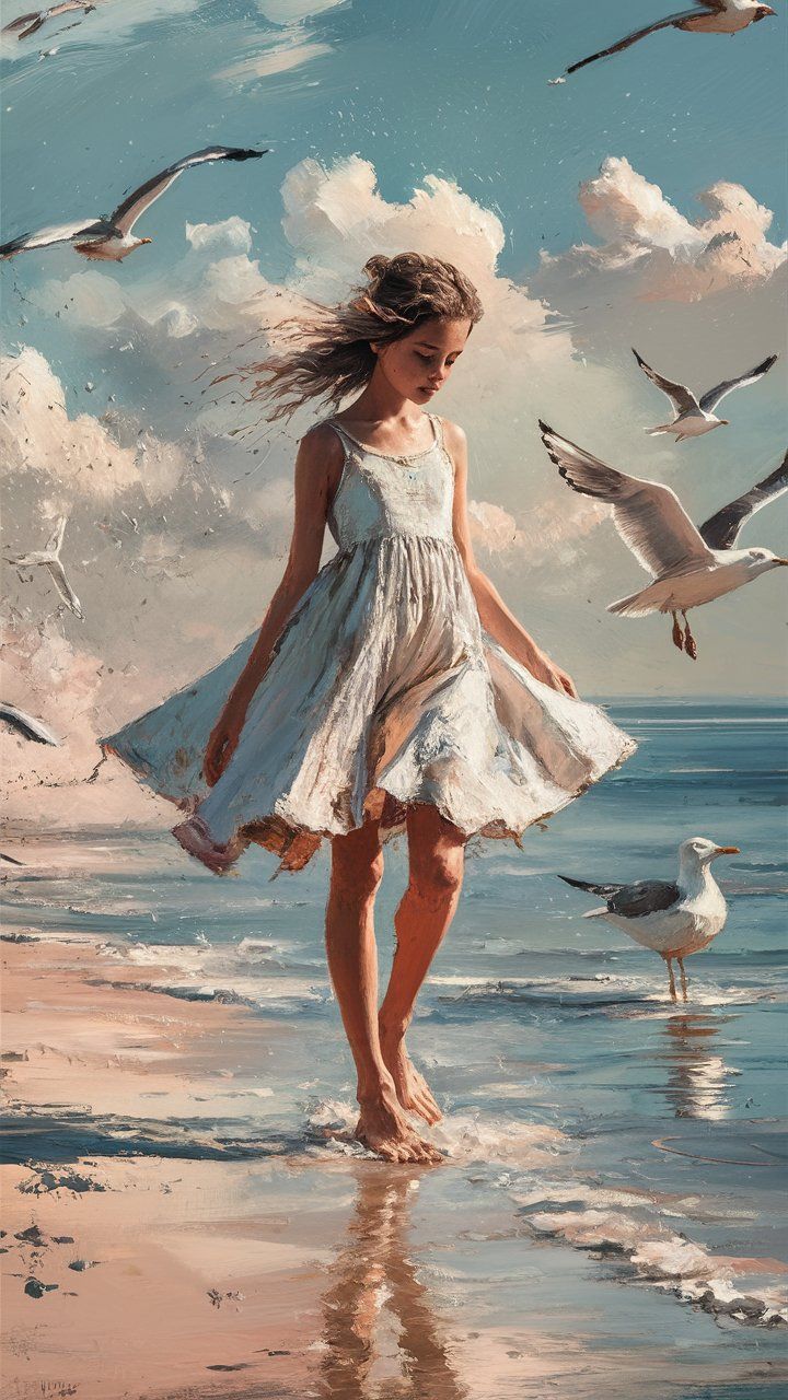  young girl strolling along a serene sea shore