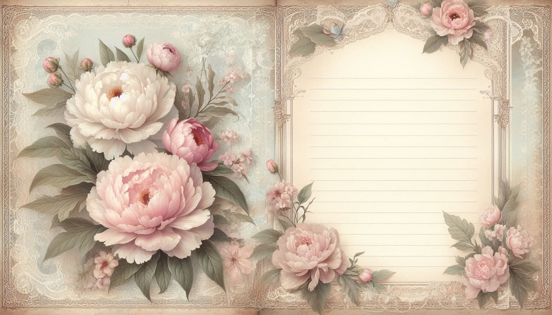 double page with peonies in junk journal