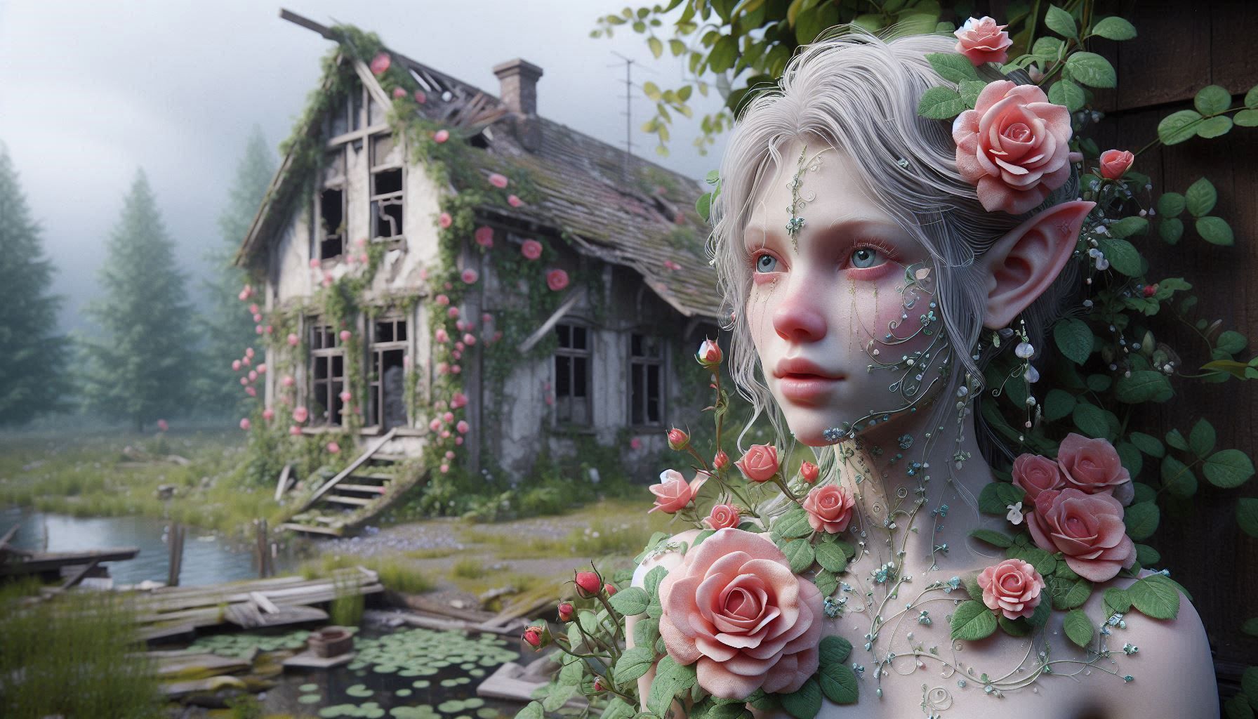  A mythical fairy with dewy pale skin and delicate floral elements surrounding her. In the background...