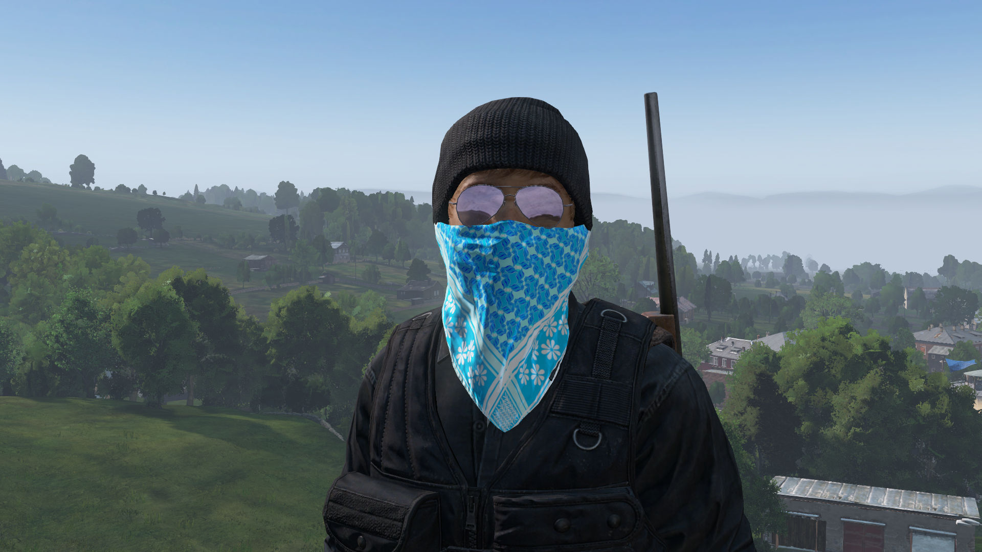 A man with a cyan bandana wearing aviators over his eyes and a beanie on his head 
DayZ 8k resolution concept art portrait by Greg Rutkowski...