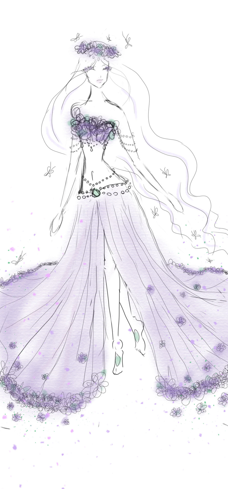 Фея в топе из настоящих цветов и длинной юбке с цветами на шлейфе с голым животом 