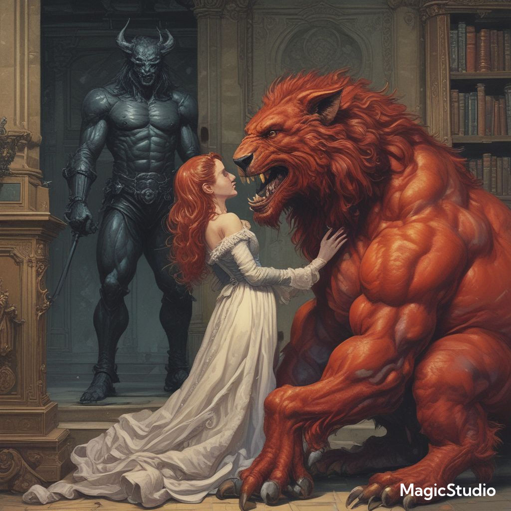 Girl with red lionlike Beast watched by black demon