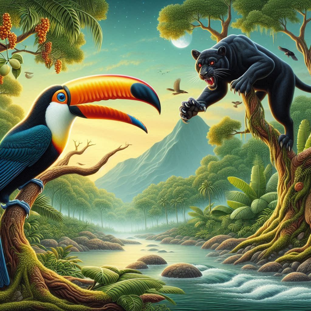 a tropical rainforest with a colorful toucan, a black panther with red eyes trying to catch it. Misty background with Mountain.  The toucan...