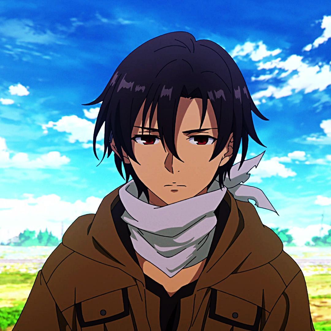 A young male anime character with cape standing in outskirts of a fictional city. Shooting a blue magical beam from his hands to the sky to...