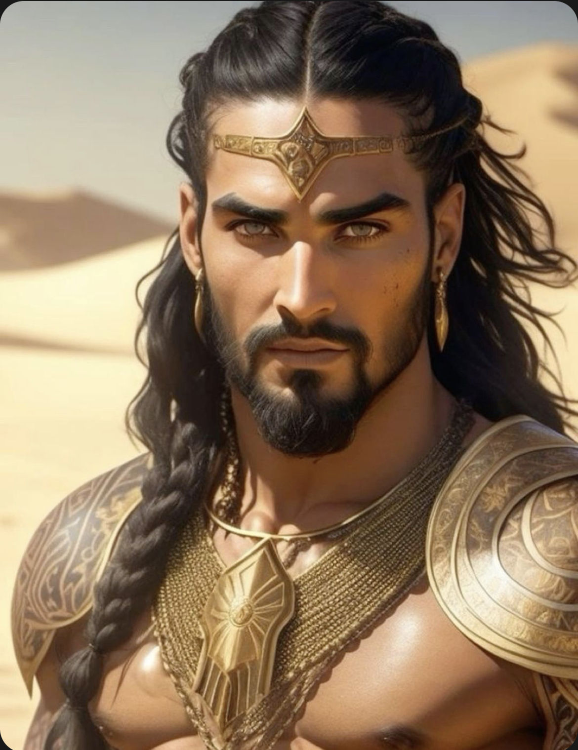 Cinematic film still. Close-up portrait. A 20-year-old, mullato with curly hair, biracial arab king with a super model face and youthful han...