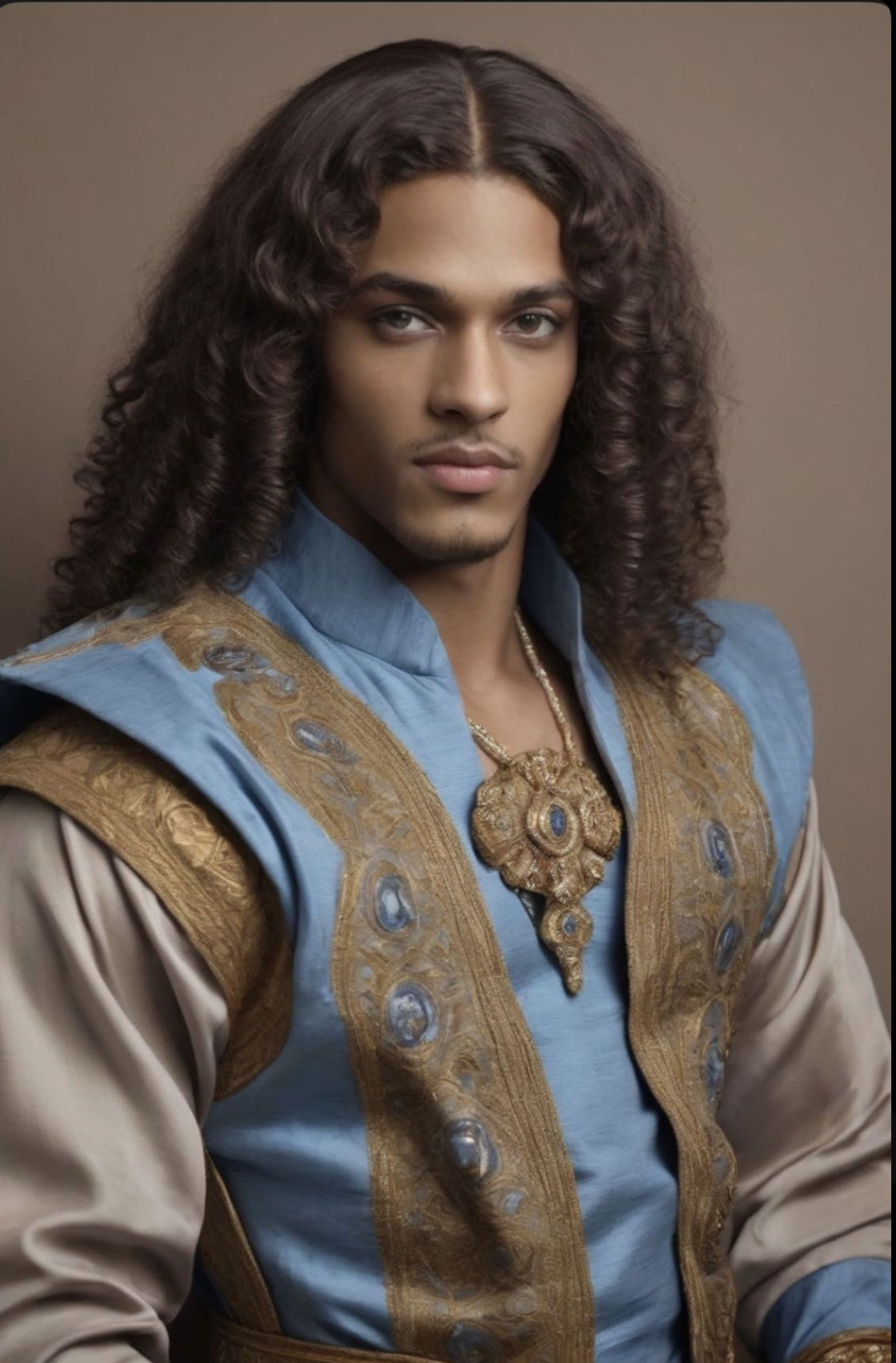 Cinematic film still. Close-up portrait. An 16-year-old, mullato with curly hair, biracial French prince with a super model face and youthfu...