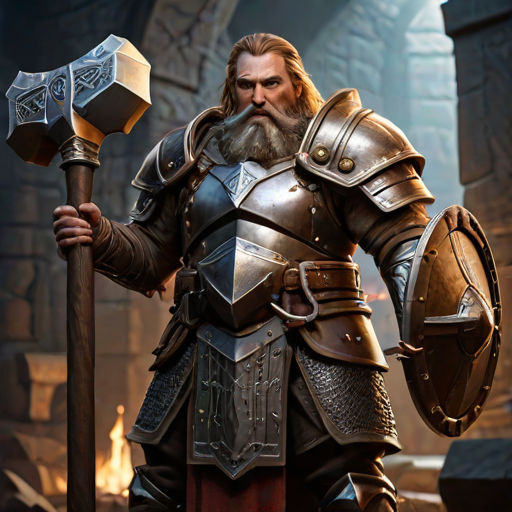 Dwarven paladin with shield and magical hammer.  The magical hammer emanates thunder and lightning energy