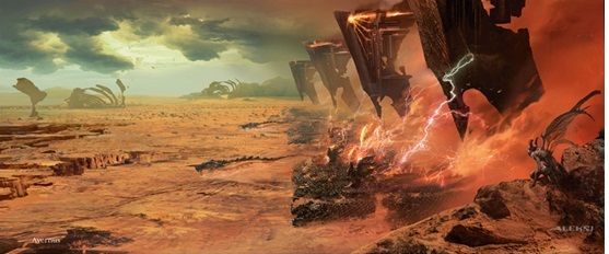 A diesel-punk, fantasy, black, blade-like, tip down, massive, infernal, flying fortress floats across the wasteland surface of Avernus, the ...