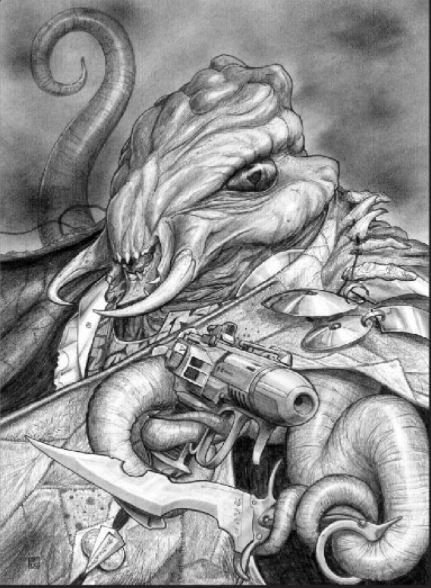 Squid faced armored bounty hunter with 4 tentacles instead of arms. Weapons held by each tentacle. Cinematic film still, shot on v-raptor XL...