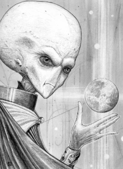 intelligent grey alien with large sapient cranium manipulating energy and the universe with the power of his mind and metaphysical knowledge...