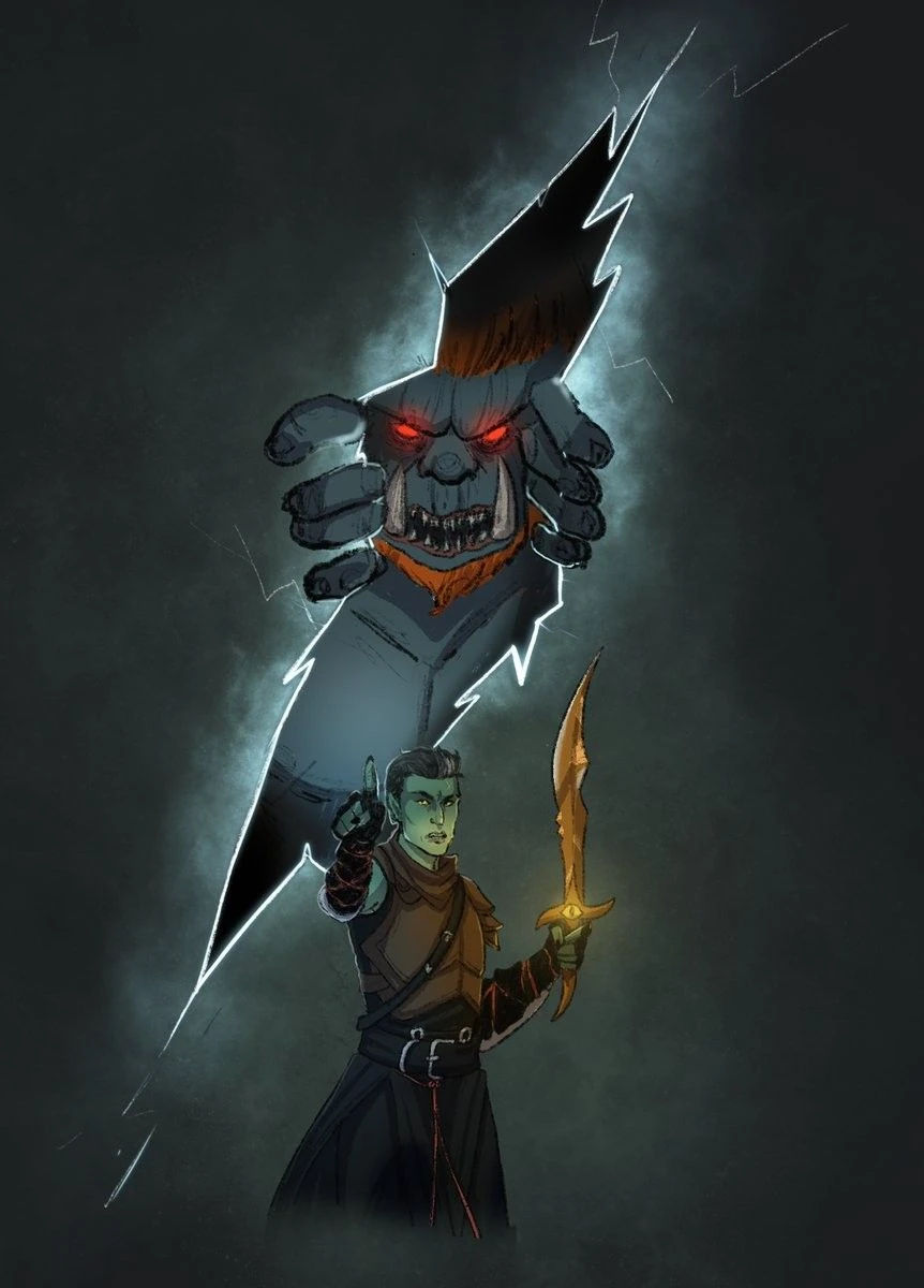 Three evil human wizards summon an ape-like demon from the abyss inside a conjuring circle as they chant in a medieval fantasy world.