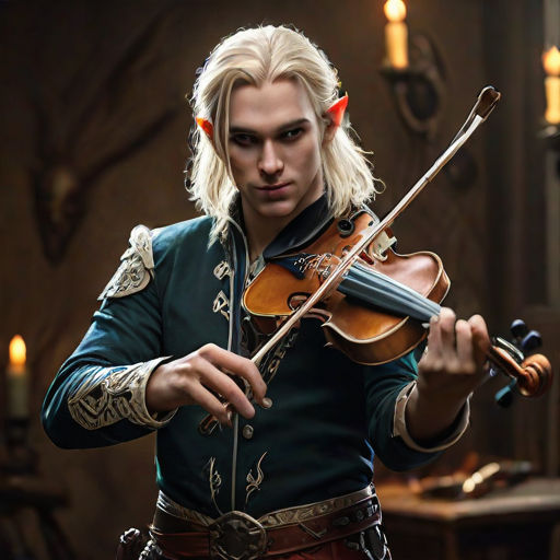 Blonde male half-elven bard with a devilishly fiendish fiddle. Cinematic film still, shot on v-raptor XL, film grain, vignette, color graded...