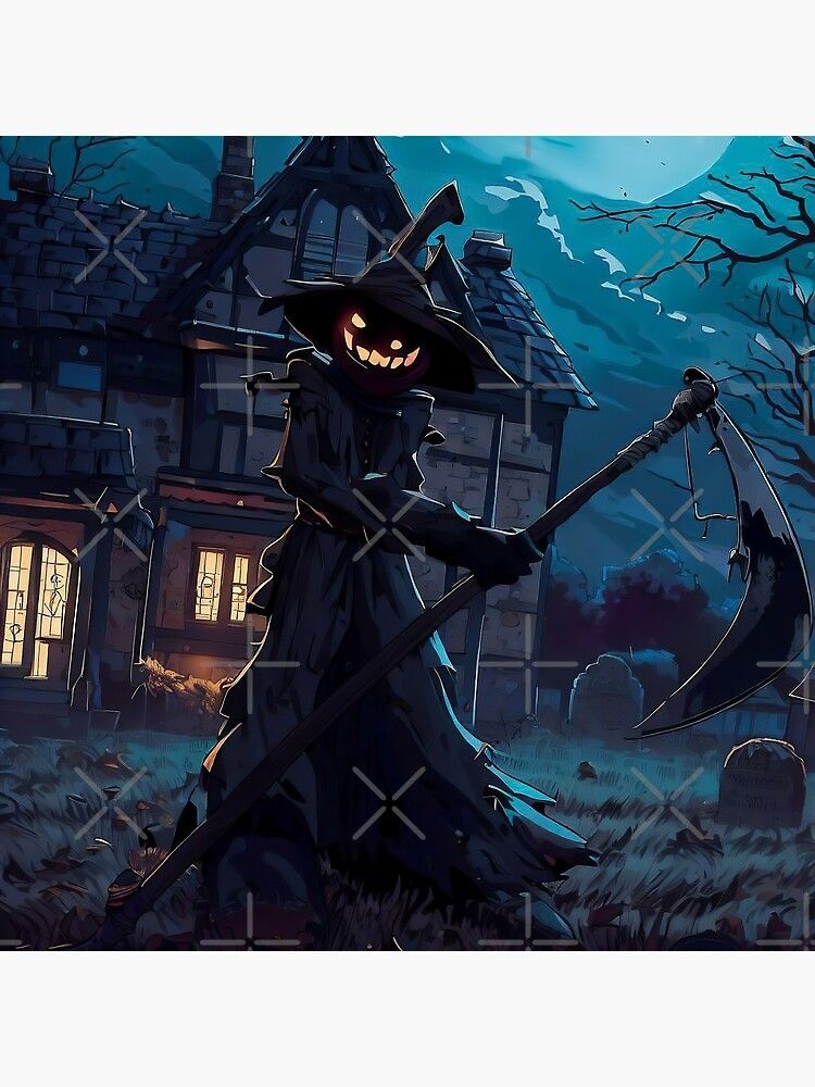 scary scarecrow with orange pumpkin as head holding large metal scythe