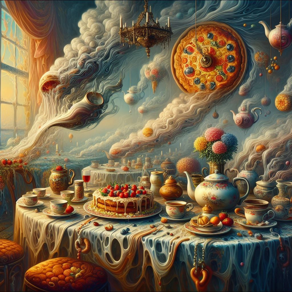 "infinite high resolution Farm yard, delicious food on the dining table, tea sets, teapots and cups, mist lingering surrealism Salvador Dali...
