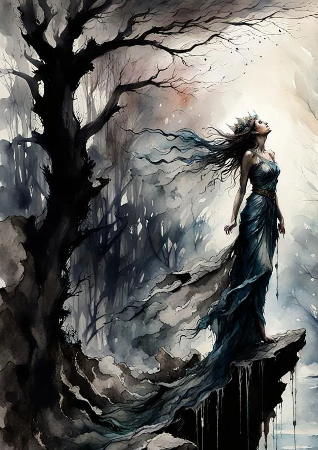 "hyperdetailed black ink drawing ethereal fantasy mist picaso Dall-E 3 infinite resolution contrasting colors black and white cubism, woman...