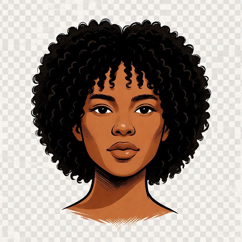 26-year-old deep kayumanggi Filipina, afro-textured shoulder length hair, high cheekbones, wide nose, confident gaze