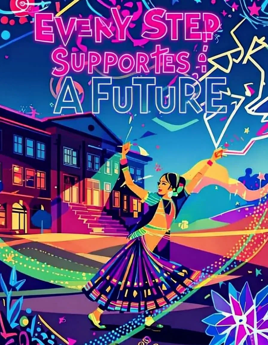  Concept “From Dance to Dreams”
A Dandiya dancer twirling, with her shadow
A Dandiya dancer twirling, with her shadow morphing into a school...