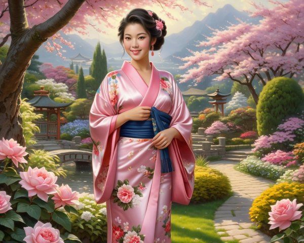 Jeune femme asiatique en kimono rose.