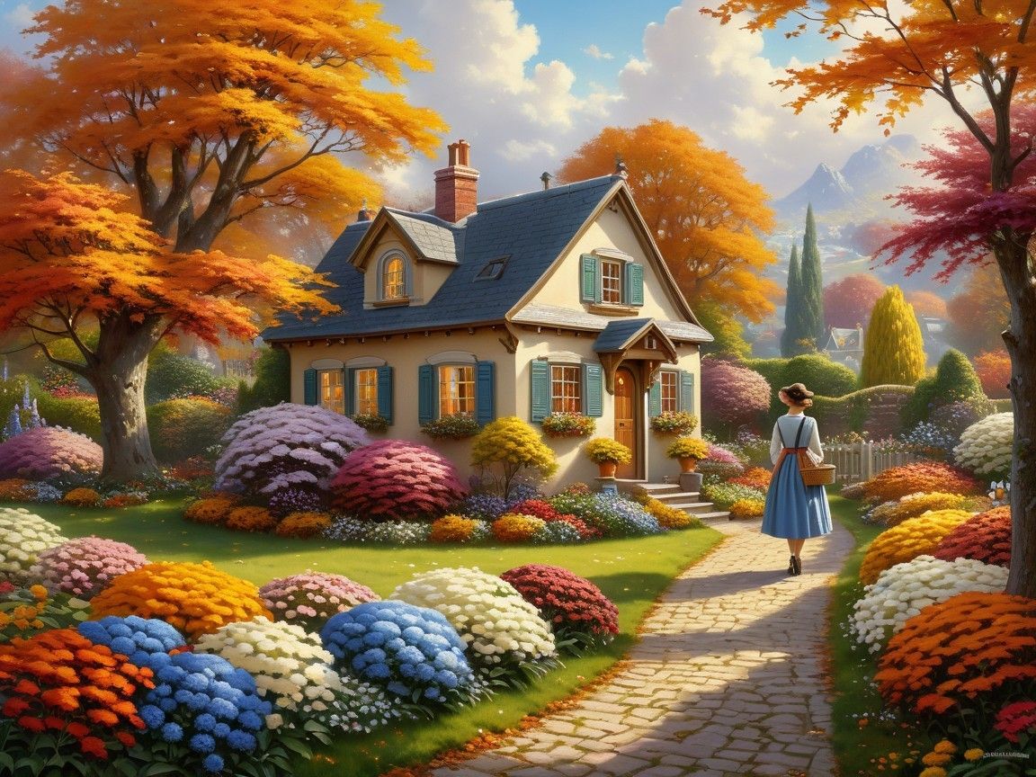 Jolie maison entouree d'un jardin en automne