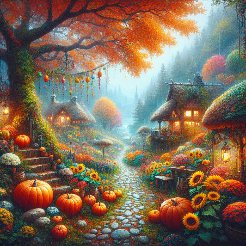 Jardin de citrouilles dans la brume.