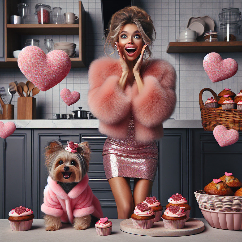 Jeune femme et son chien en rose.