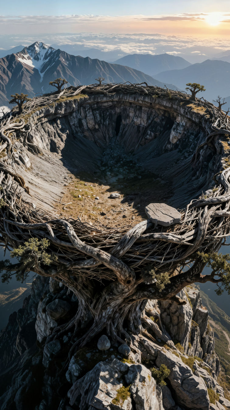 (Vertical Cinematic Extreme Low-Angle Shot:1.7), (Looking up at a towering, skyscraper-high mountain peak:1.6), (Overwhelming sense of immen...