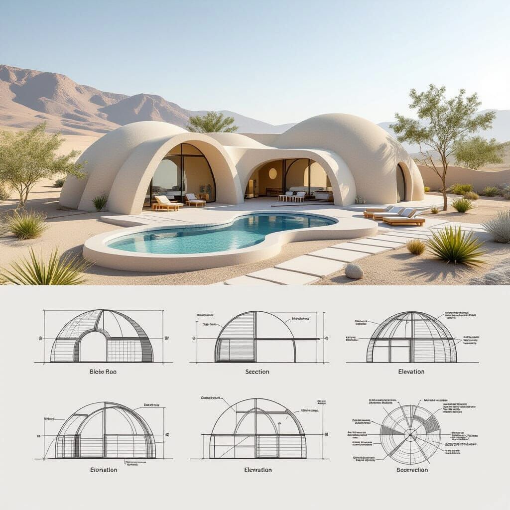
Eco-dome desert home faithfully based on the original layout and proportions of the reference image, but fully reinterpreted in the authent...