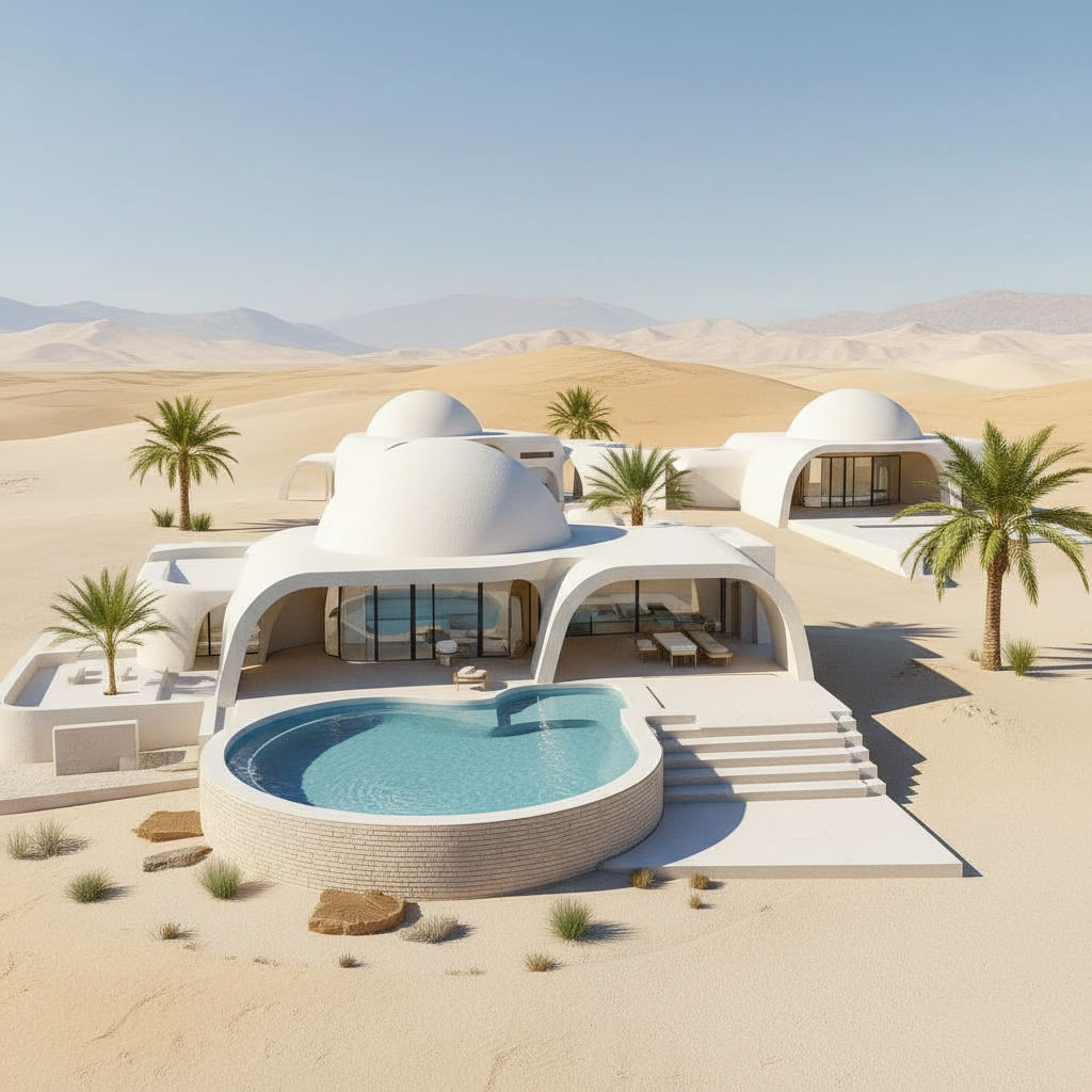 

Eco-dome desert home faithfully based on the original layout and proportions of the reference image, but fully reinterpreted in the authen...