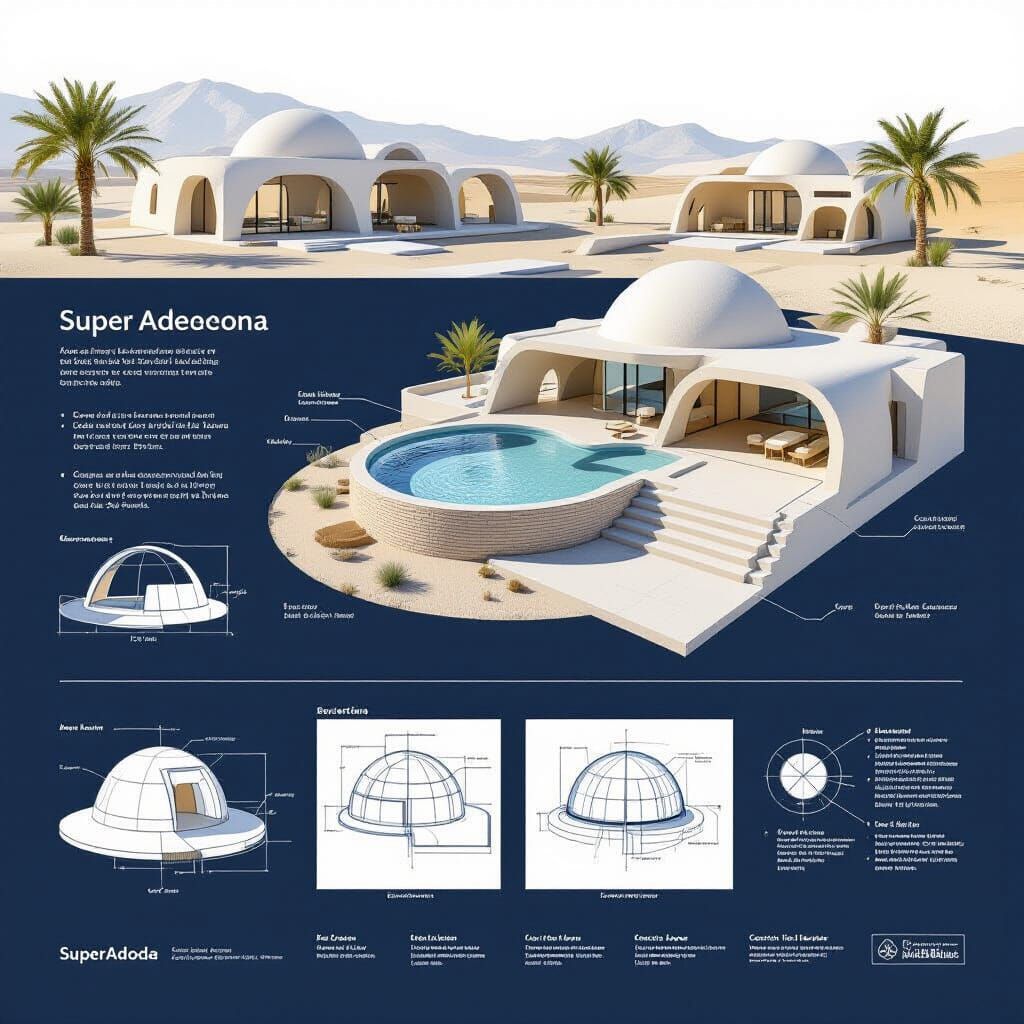

Eco-dome desert home faithfully based on the original layout and proportions of the reference image, but fully reinterpreted in the authen...