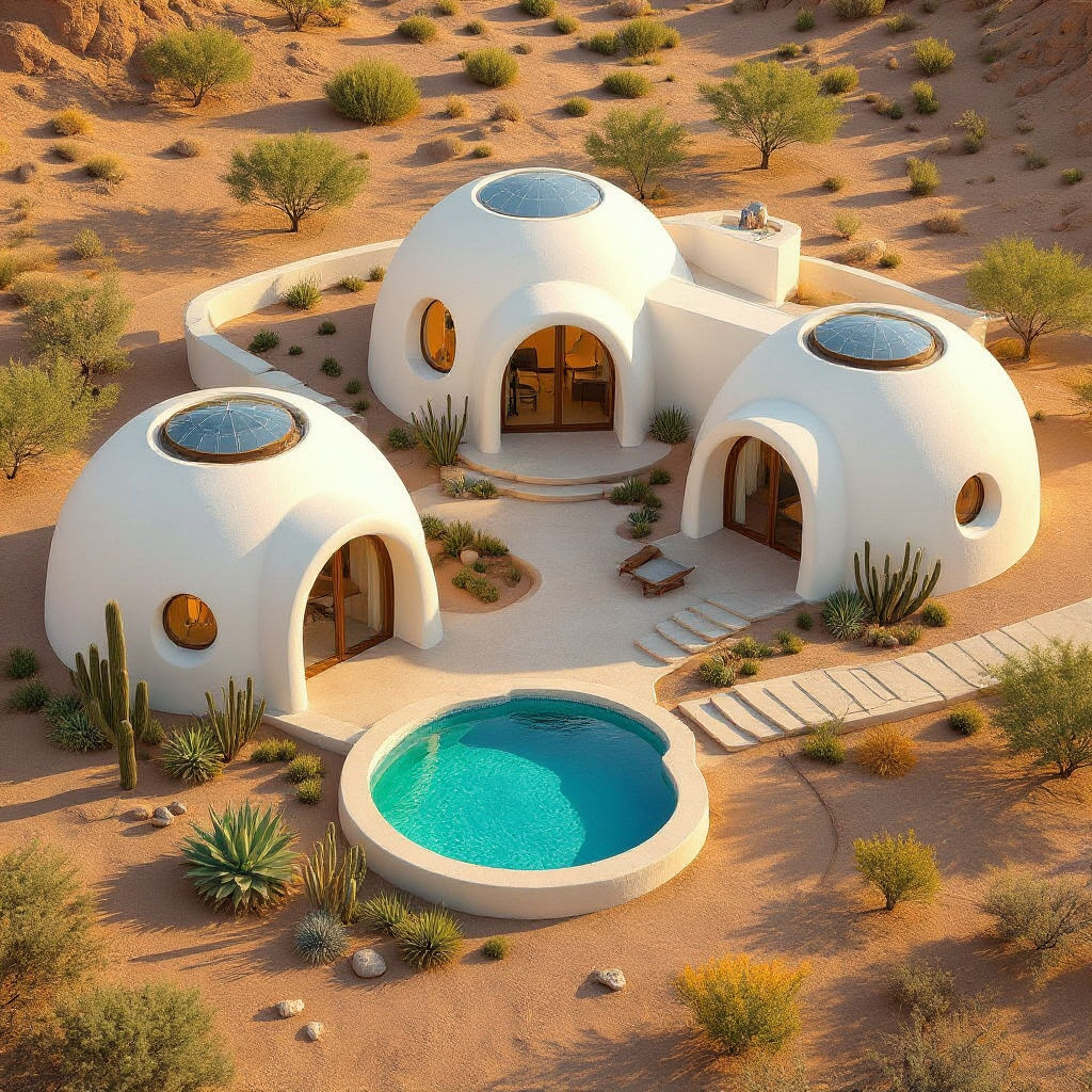 

Eco-dome desert home faithfully based on the original layout and proportions of the reference image, but fully reinterpreted in the authen...